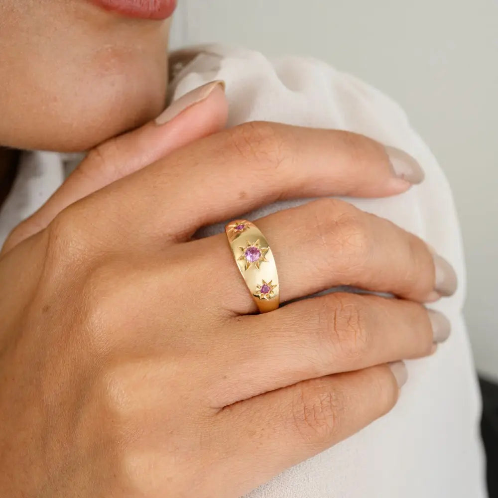 Unique Design 100% Natural Pink Sapphire & 14k Solid Yellow Gold Dome Ring