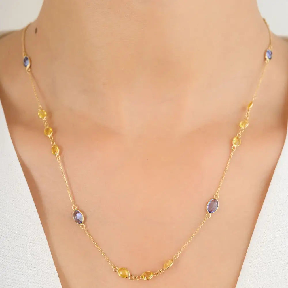 18K Solid Yellow Gold Natural Multi Gemstone Chain Necklace