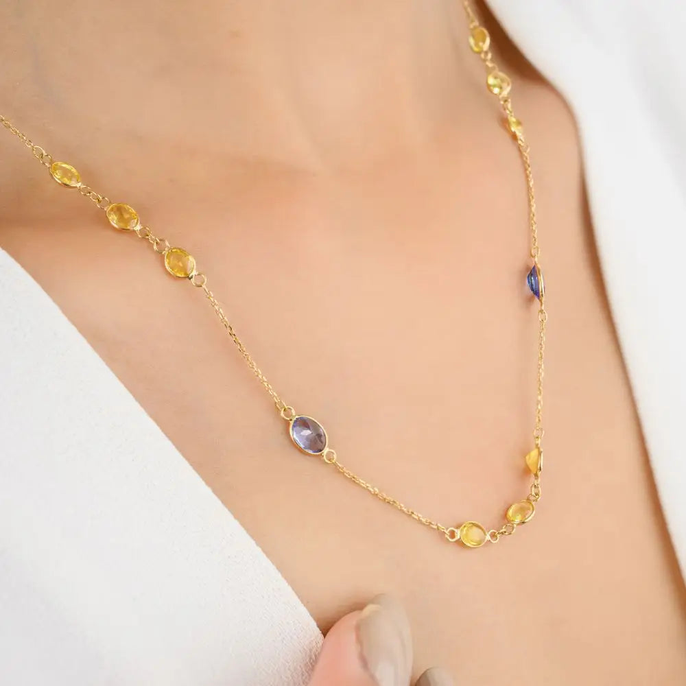 18K Solid Yellow Gold Natural Multi Gemstone Chain Necklace