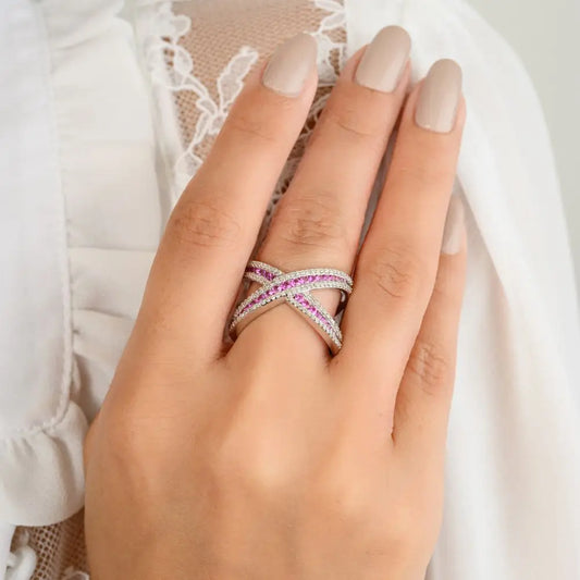 Unique Design Natural Pink Sapphire & Diamond Criss Cross X Ring in 14k White Gold