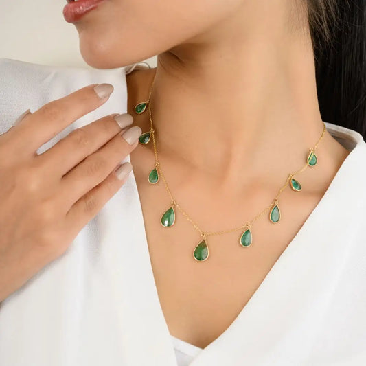Natural Emerald Teardrop Chain Necklace in 18k Solid Yellow Gold