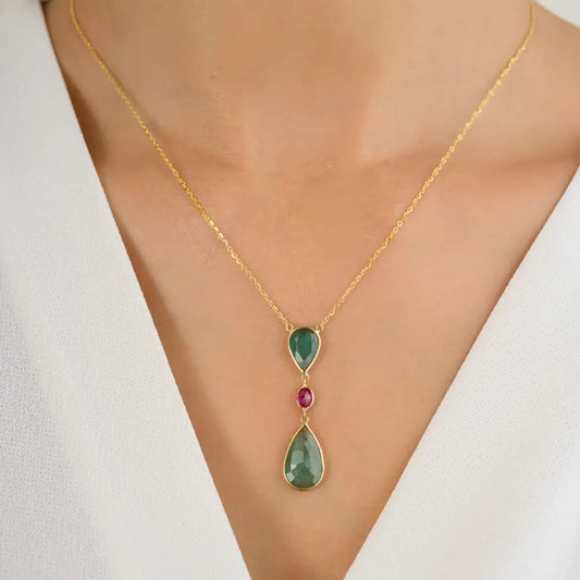 Trending Natural Emerald, Ruby Drop Chain Necklace in 18K Yellow Gold