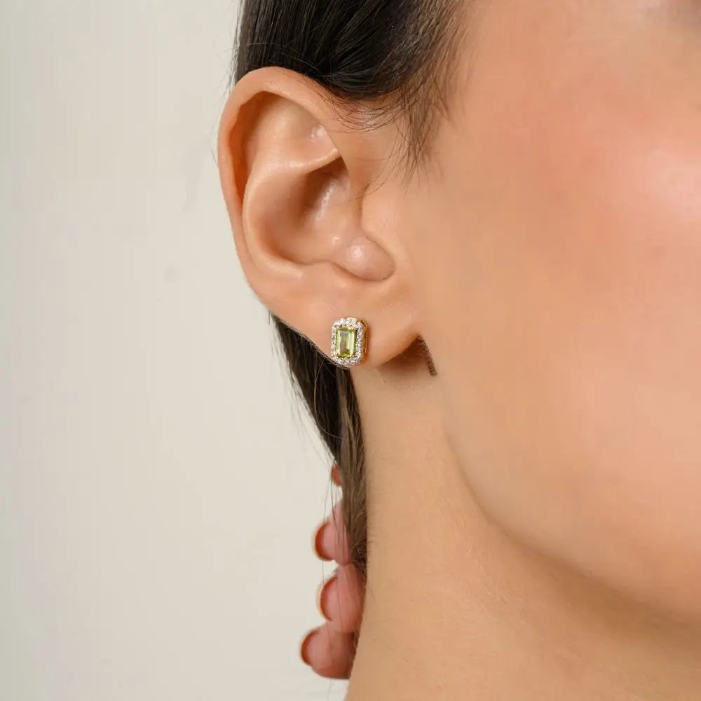 14K Solid Yellow Gold Natural Peridot and Diamond Dainty Stud Earrings