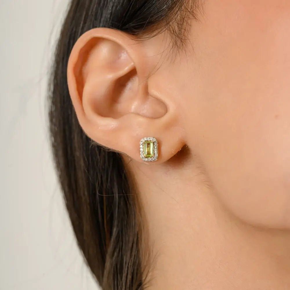 14K Solid Yellow Gold Natural Peridot and Diamond Dainty Stud Earrings