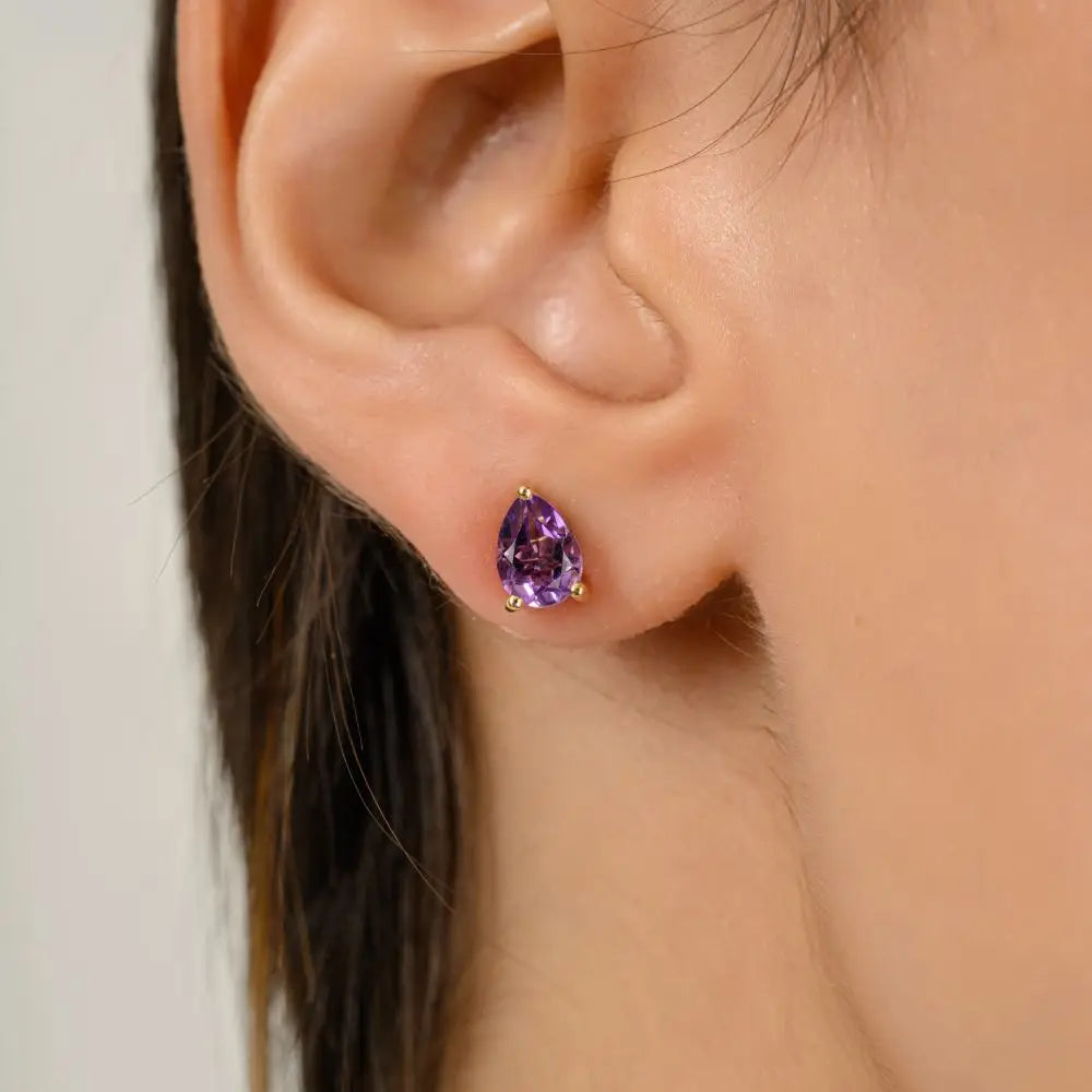 14k Solid Yellow Gold Natural Amethyst Pear Cut Stud Earrings