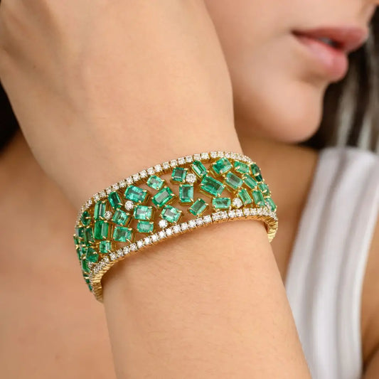 Beautifully Designed Natural Emerald and Diamond Wide Cocktail Bracelet