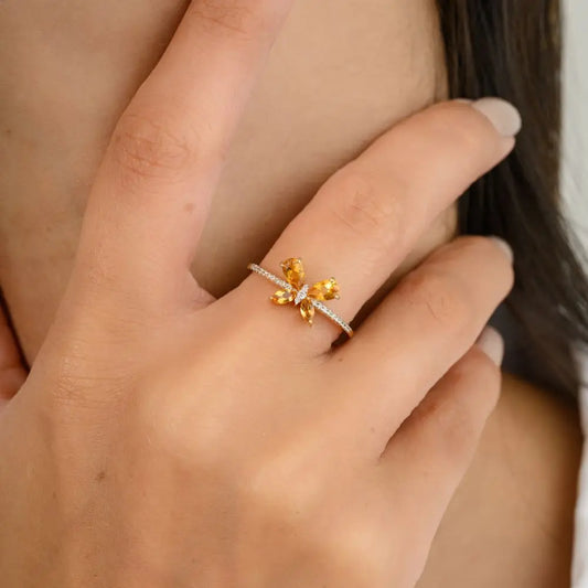 Designer Best Quality 18K Yellow Gold With Natural Citrine & Diamond Dainty Butterfly Ring