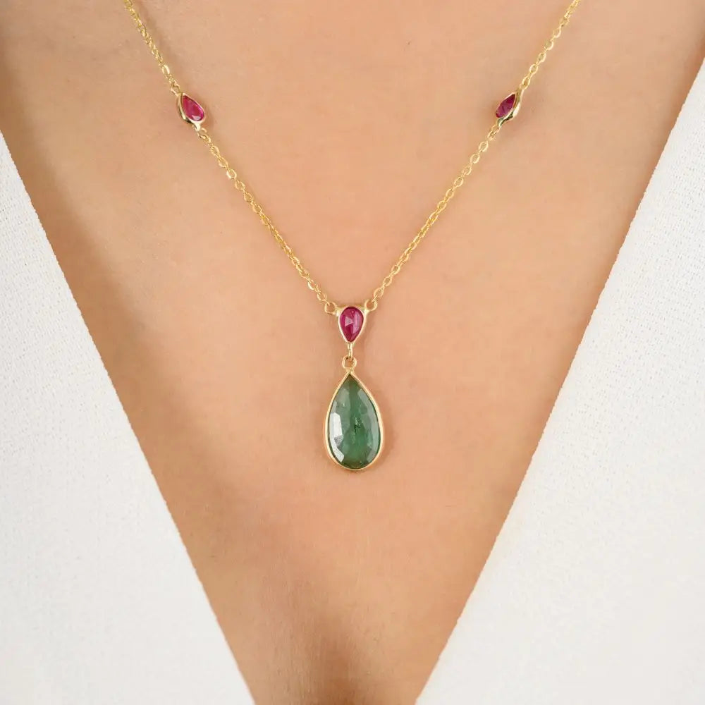 Buy 18K Real Yellow Gold Teardrop Natural Emerald & Ruby Necklace