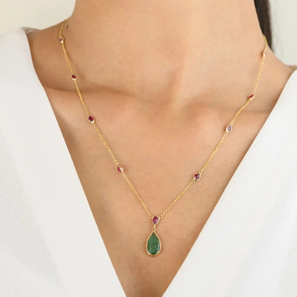 Buy 18K Real Yellow Gold Teardrop Natural Emerald & Ruby Necklace