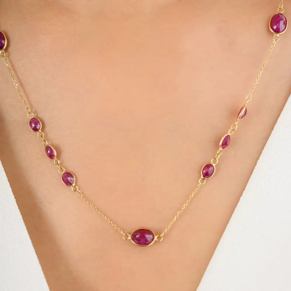 100% Natural Ruby & 18K Solid Yellow Gold Station Necklace