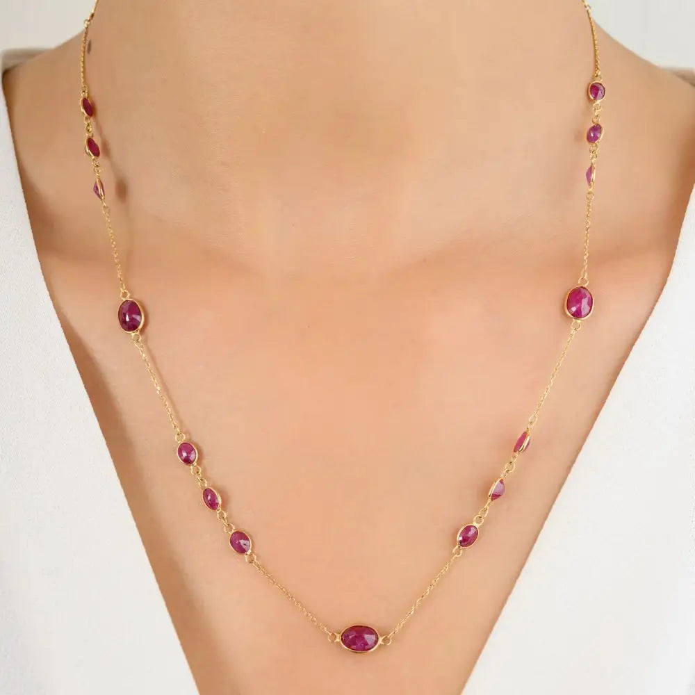 100% Natural Ruby & 18K Solid Yellow Gold Station Necklace