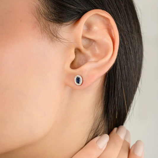 Newly Designed Blue Sapphire & Diamond Stud Earrings in 18k White Gold