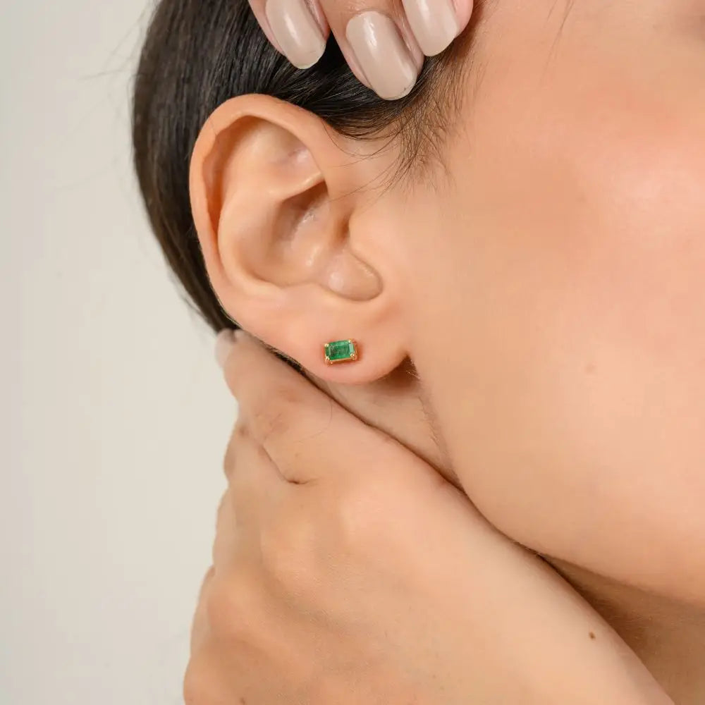 Baguette Cut Natural Emerald & 14k Solid Yellow Gold Stud Earrings