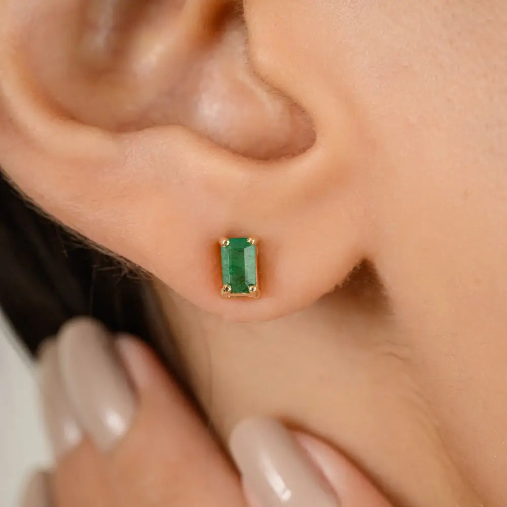 Baguette Cut Natural Emerald & 14k Solid Yellow Gold Stud Earrings