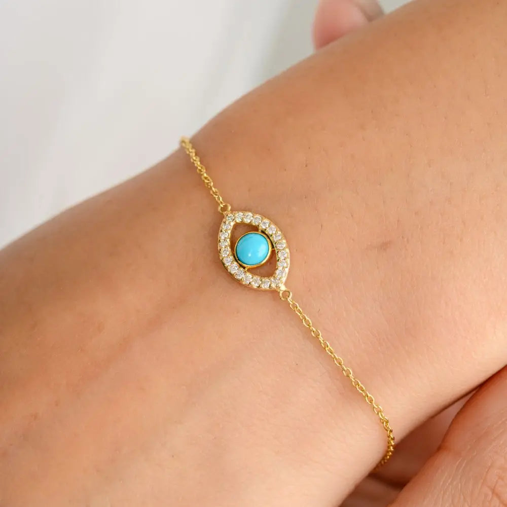 100% Natural Turquoise and Diamond Evil Eye Chain Bracelet