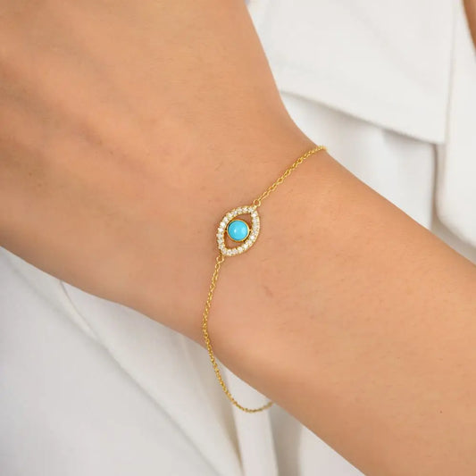 100% Natural Turquoise and Diamond Evil Eye Chain Bracelet