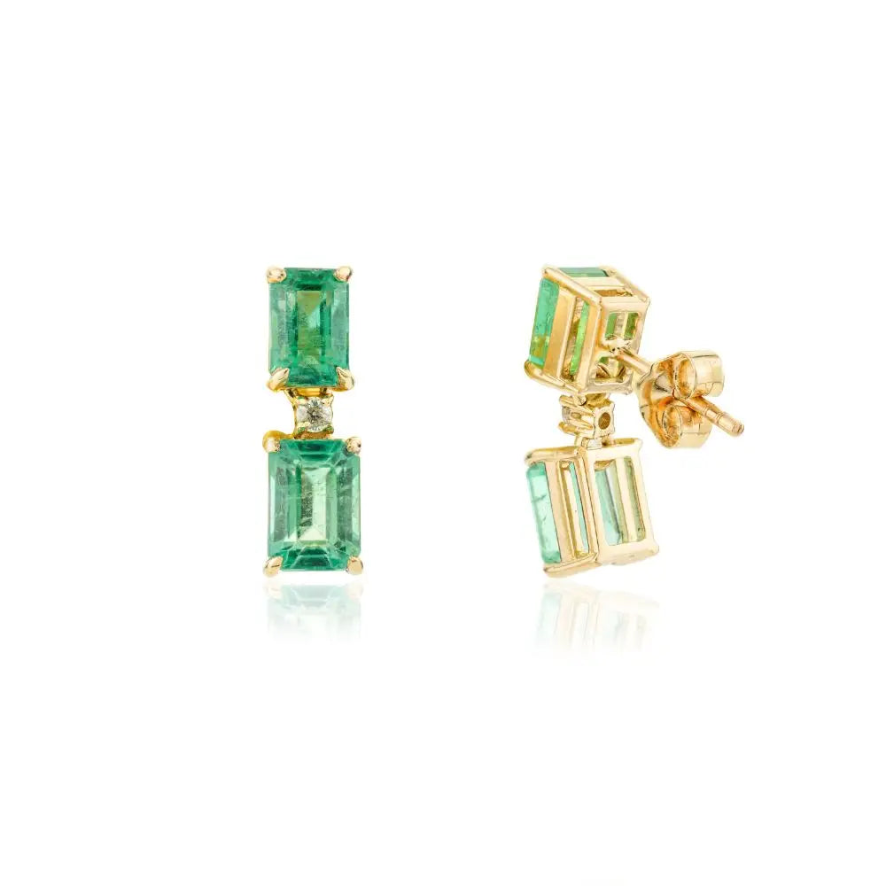 Beautiful 100% Natural Octagon Cut Emerald & Diamond Dangle Earrings