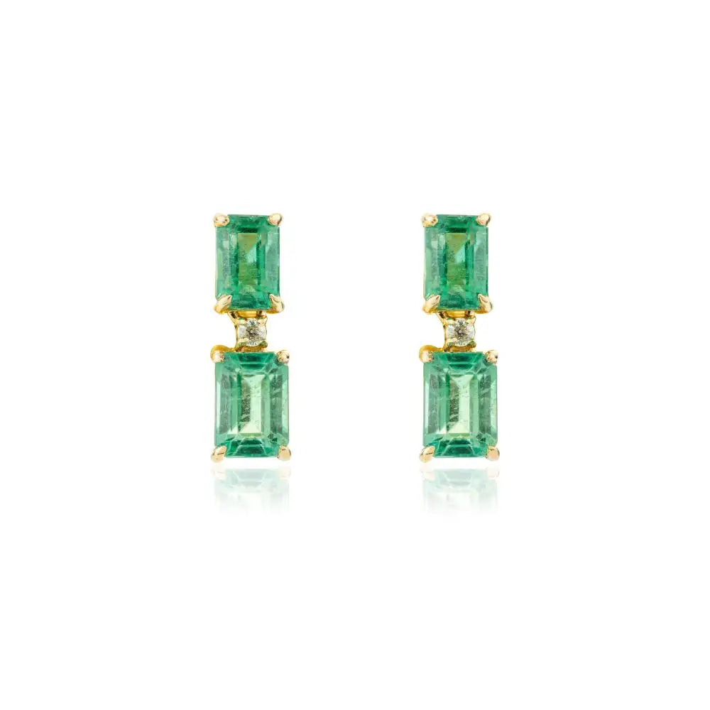 Beautiful 100% Natural Octagon Cut Emerald & Diamond Dangle Earrings