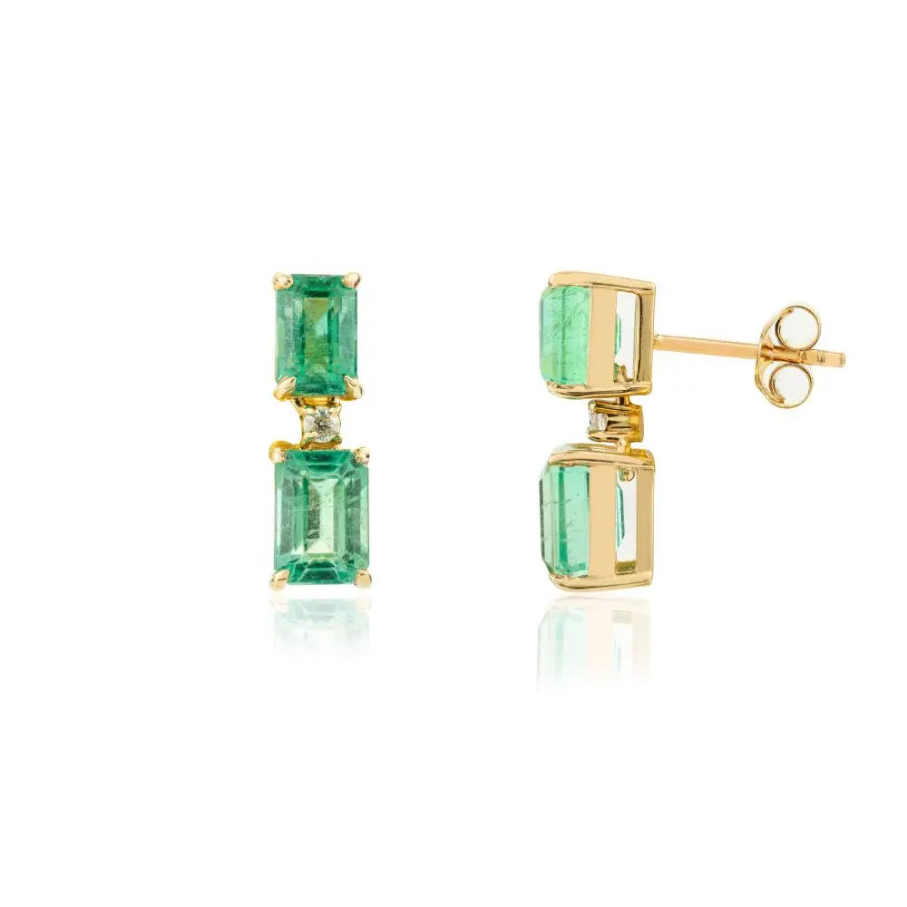 Beautiful 100% Natural Octagon Cut Emerald & Diamond Dangle Earrings