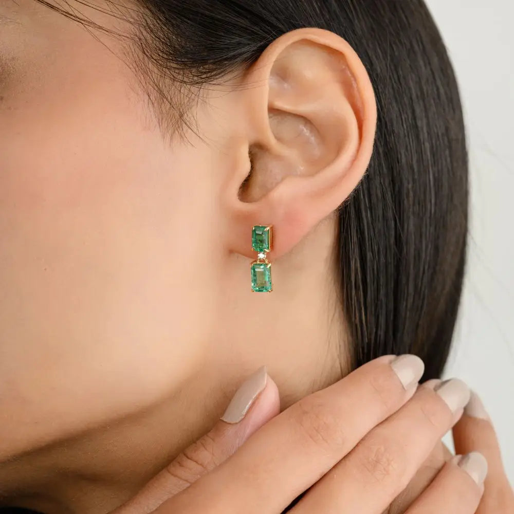 Beautiful 100% Natural Octagon Cut Emerald & Diamond Dangle Earrings