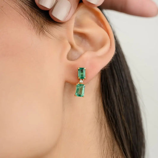 Beautiful 100% Natural Octagon Cut Emerald & Diamond Dangle Earrings