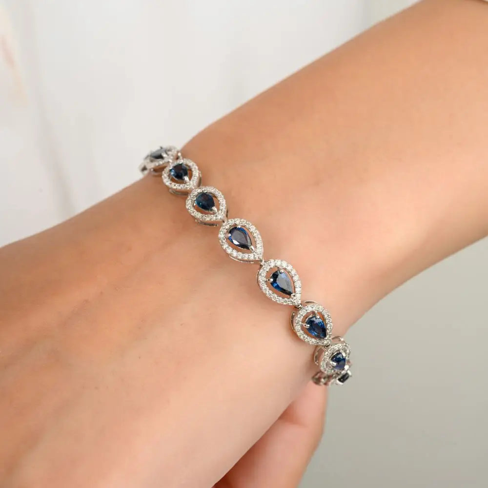 Best Quality Natural Pear Cut Blue Sapphire & Diamond Tennis Bracelet