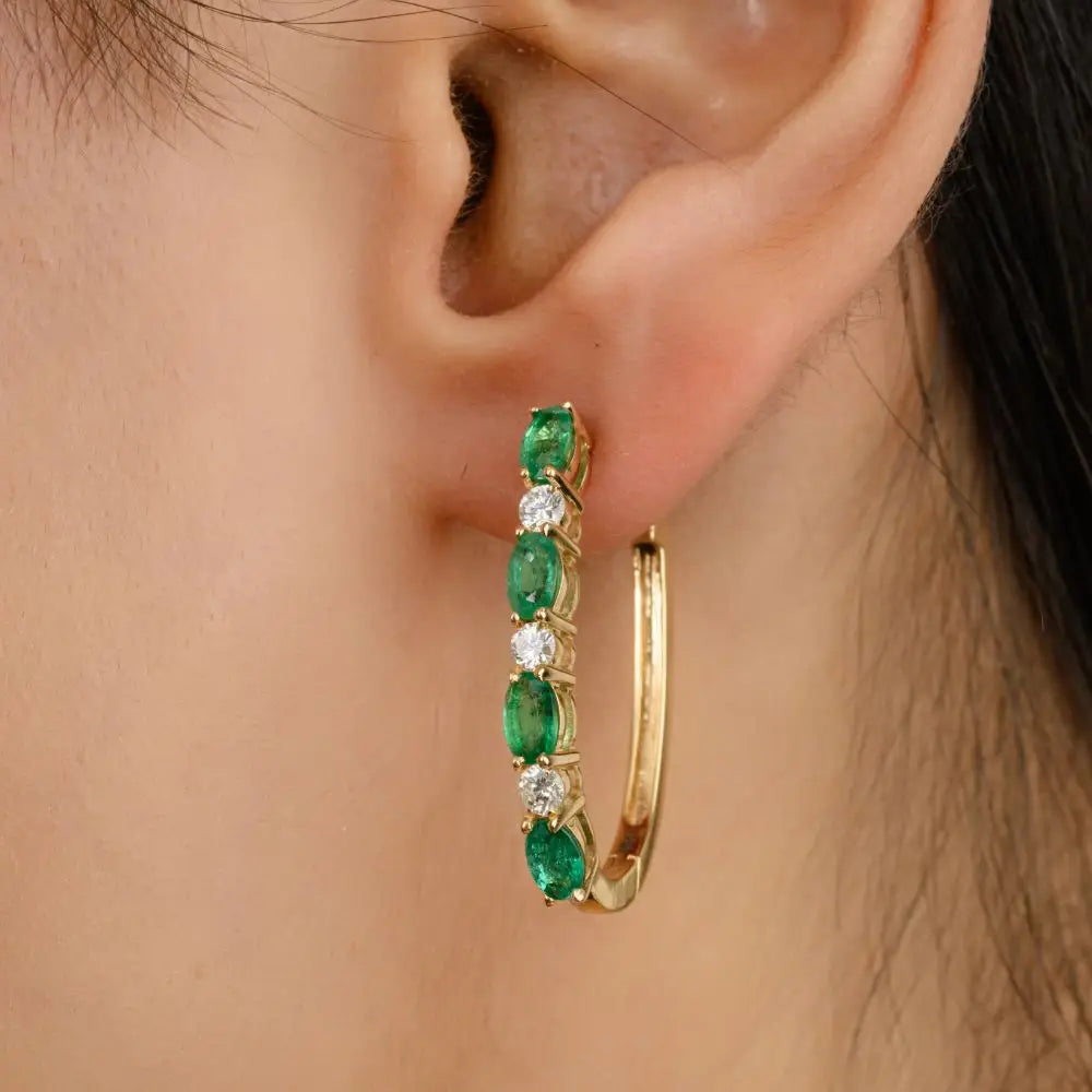 Glamorous Oval Cut Emerald & Diamond Alternative Hoop Earrings Fine Jewelry