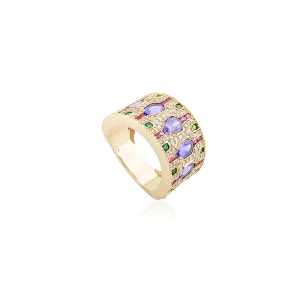 Art Deco Style 100% Natural Multi Sapphire & Diamond Estate Wide Band Ring