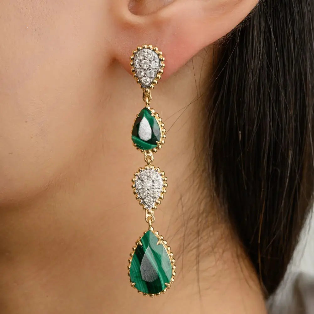 New Design Natural Pear Cut Malachite and Diamond Serpent Boheme Earrings