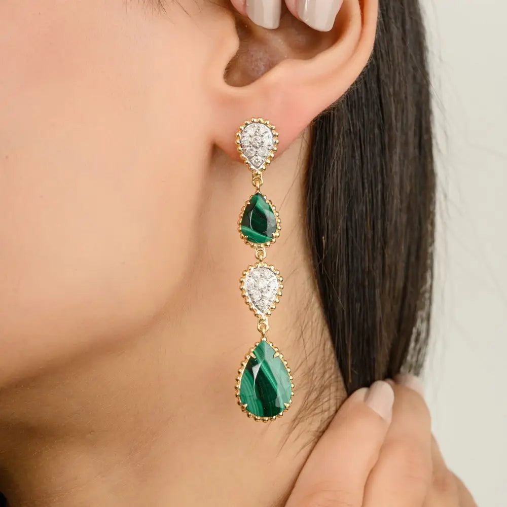 New Design Natural Pear Cut Malachite and Diamond Serpent Boheme Earrings