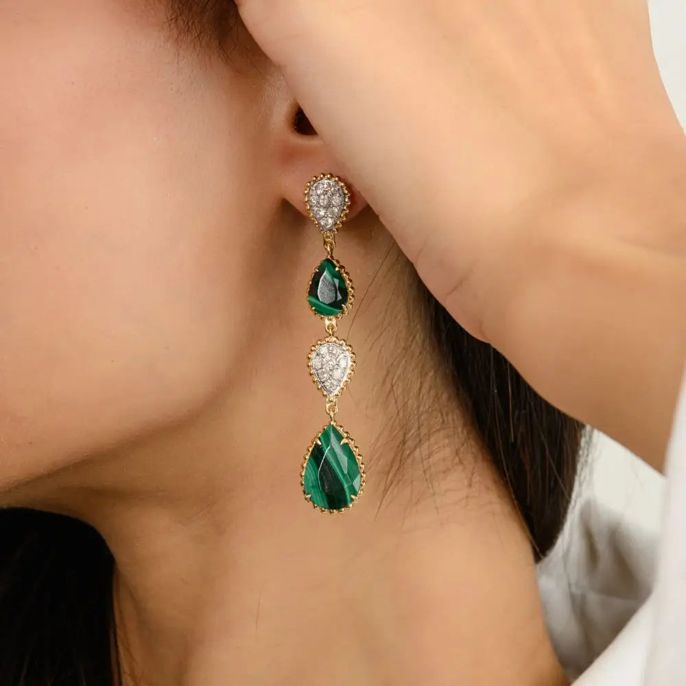 New Design Natural Pear Cut Malachite and Diamond Serpent Boheme Earrings