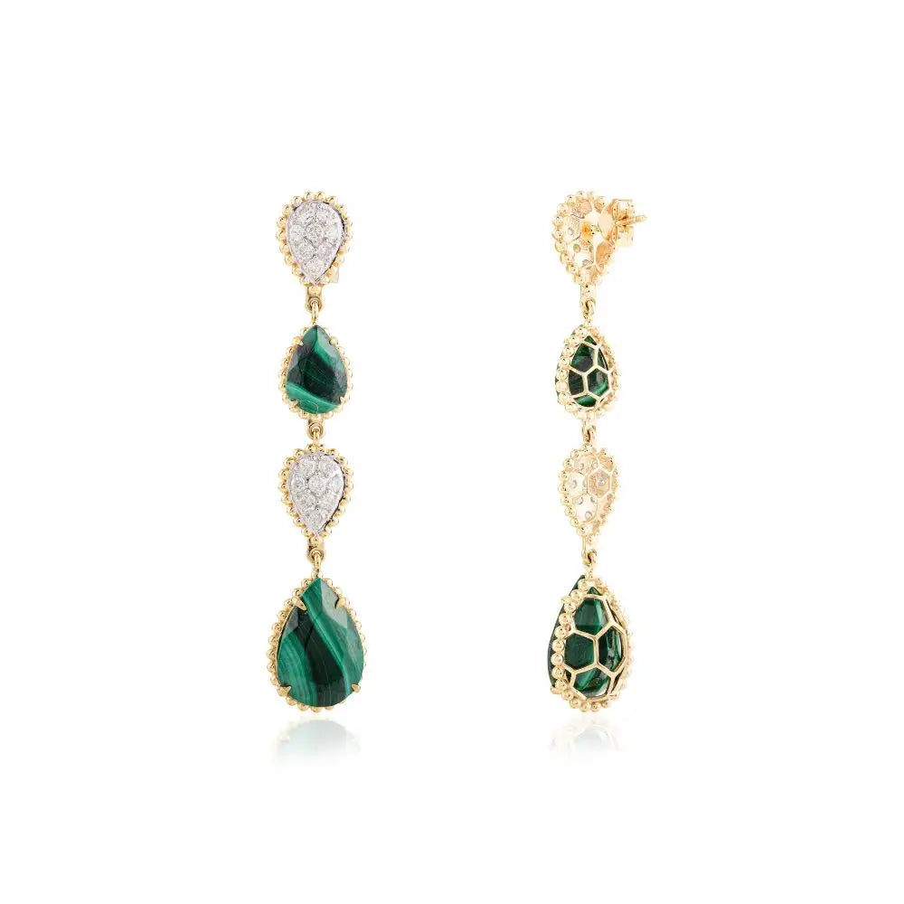 New Design Natural Pear Cut Malachite and Diamond Serpent Boheme Earrings