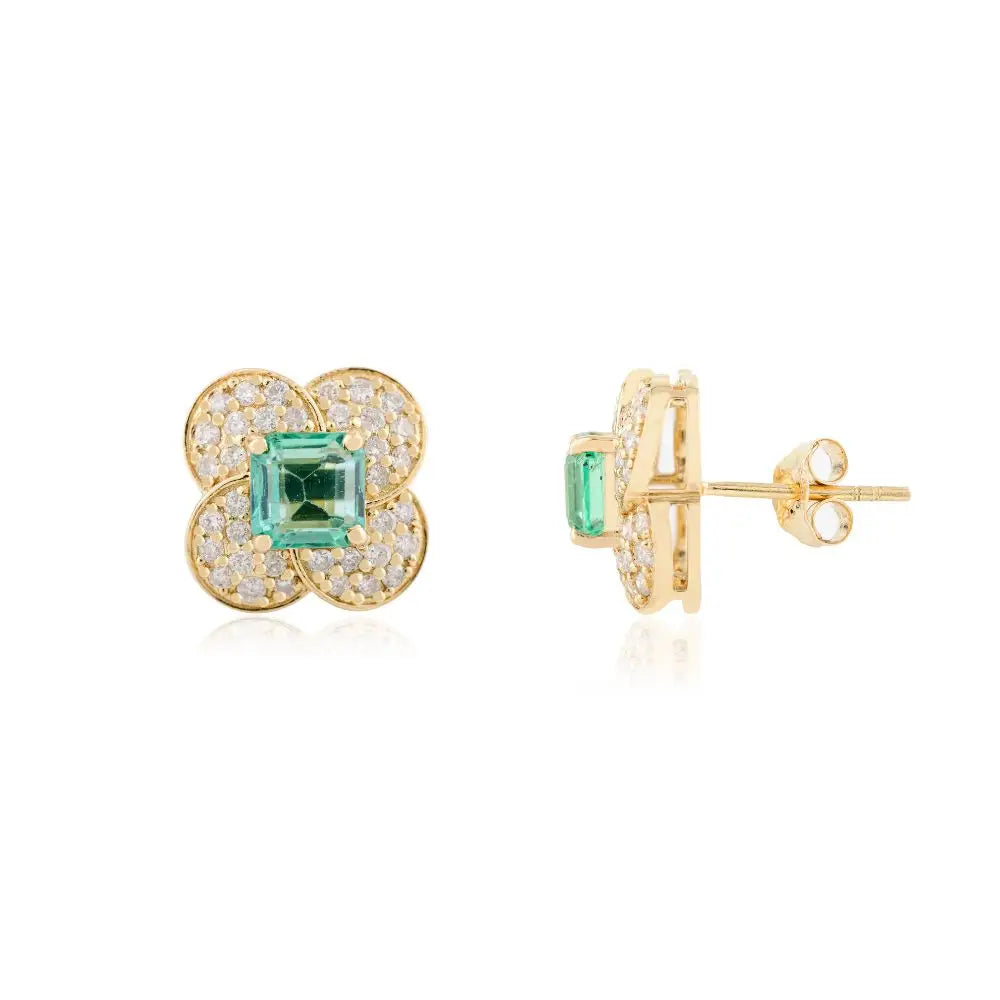 Classic Design 100% Natural Square Cut Emerald and Diamond Stud Earrings