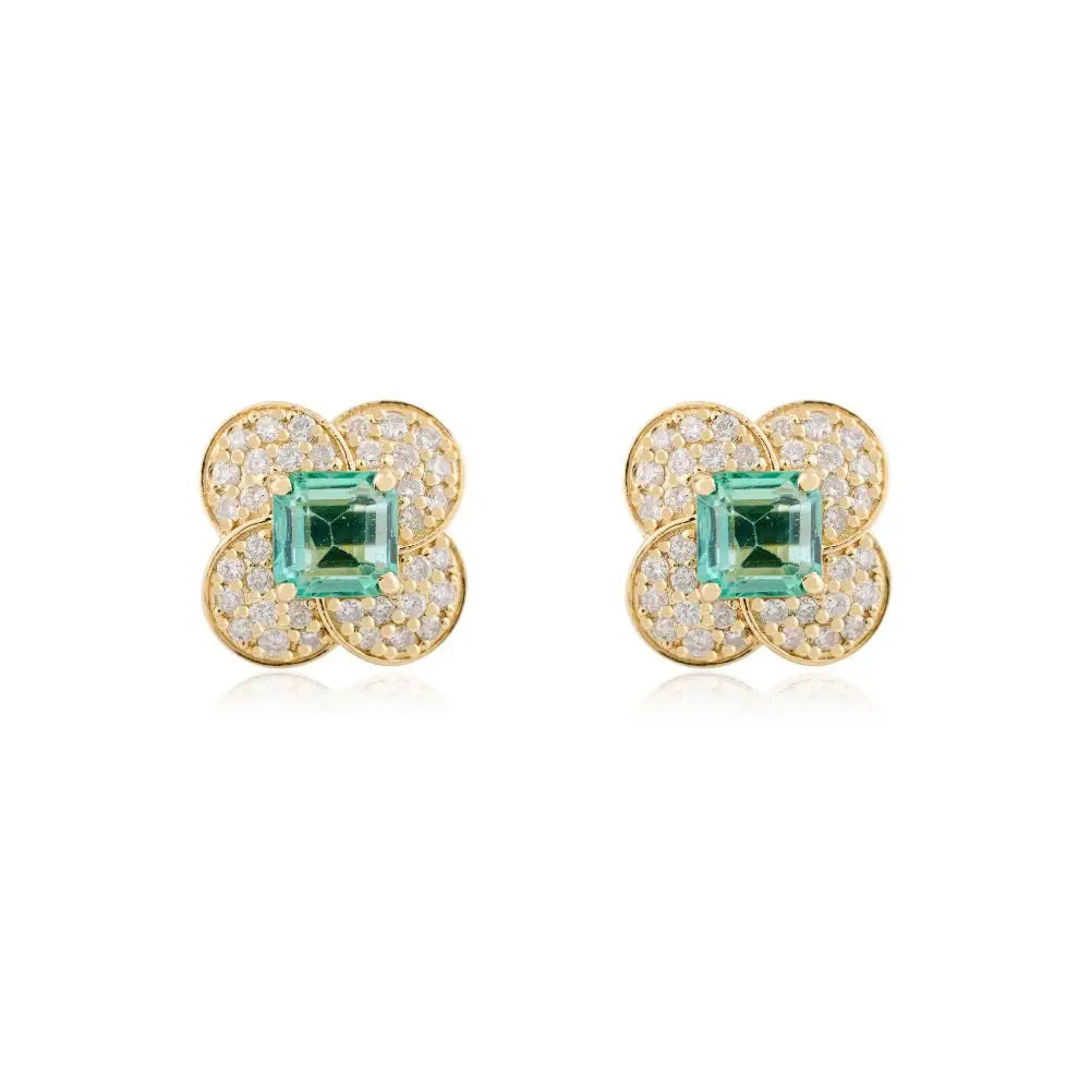 Classic Design 100% Natural Square Cut Emerald and Diamond Stud Earrings