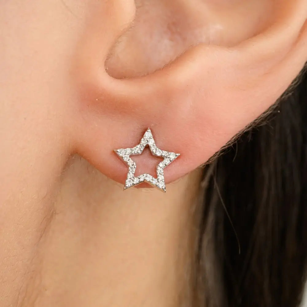 100% Authentic Real Diamond & 14k Solid White Gold Star Stud Earrings