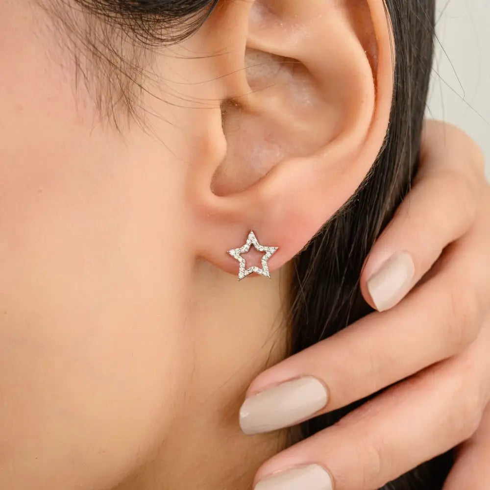 100% Authentic Real Diamond & 14k Solid White Gold Star Stud Earrings