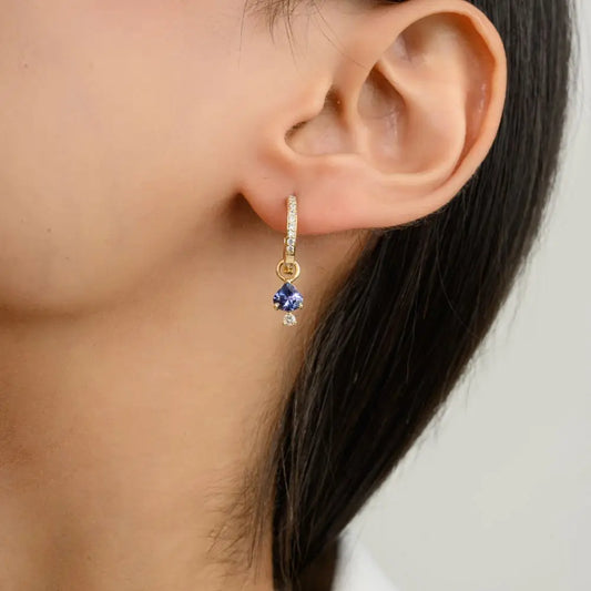 100% Natural Tanzanite and Diamond Hoop Drop Earrings in 14k Solid Yellow Gold