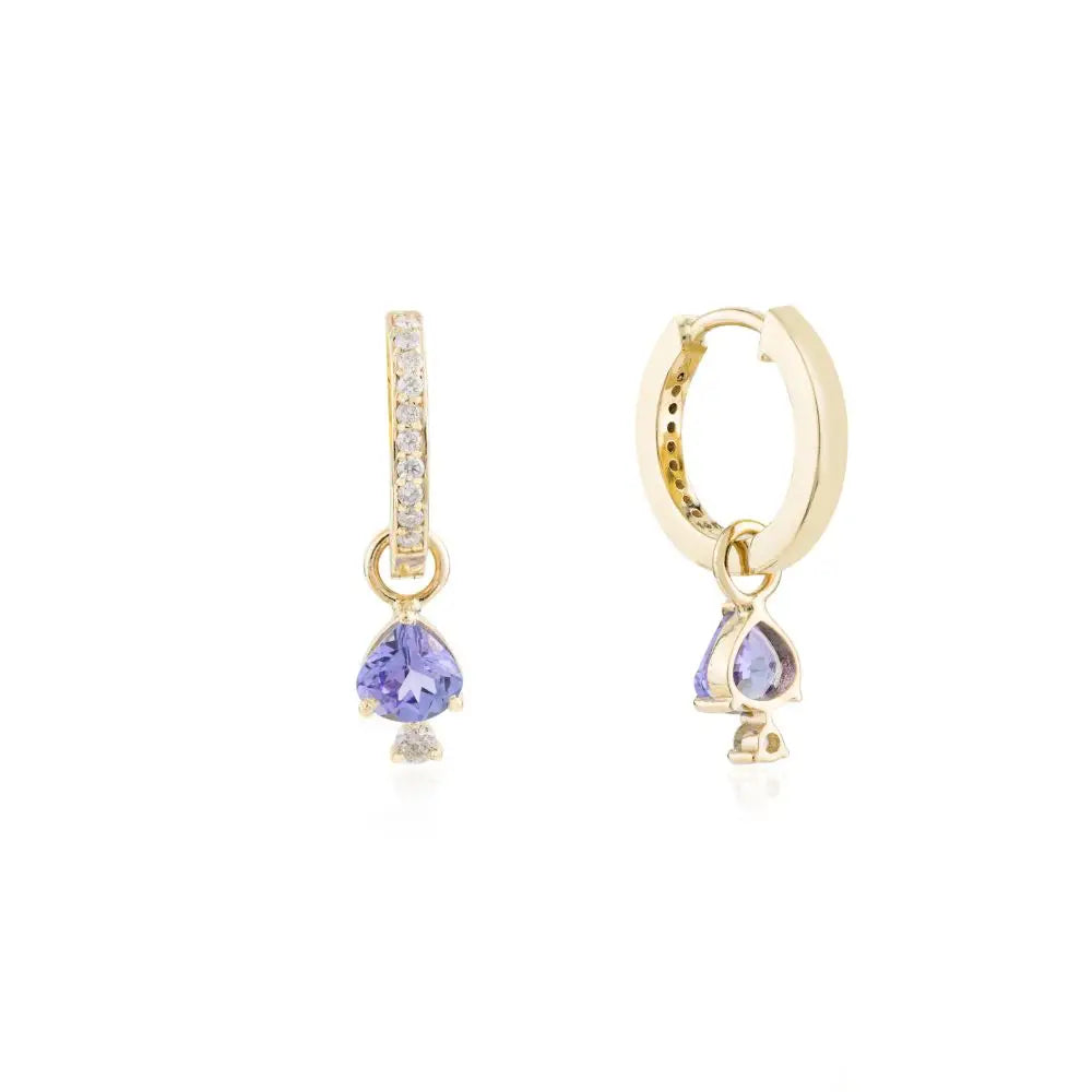 100% Natural Tanzanite and Diamond Hoop Drop Earrings in 14k Solid Yellow Gold