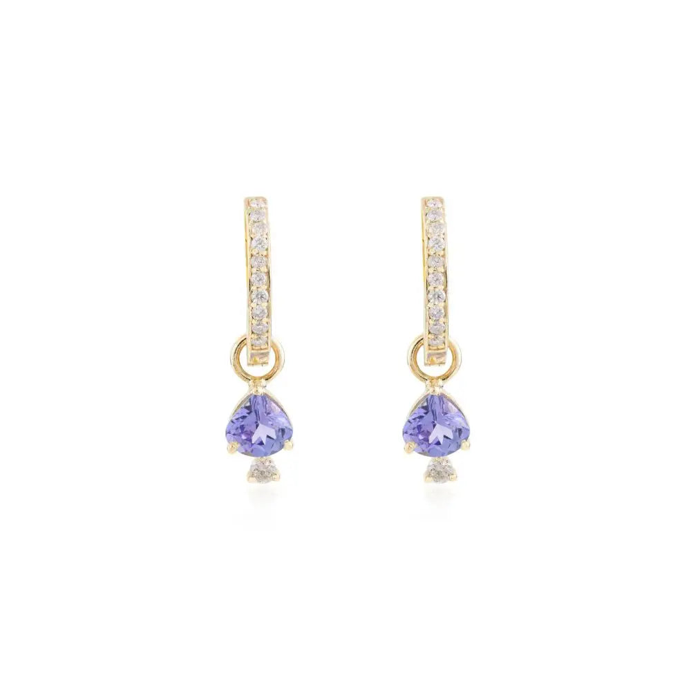 100% Natural Tanzanite and Diamond Hoop Drop Earrings in 14k Solid Yellow Gold