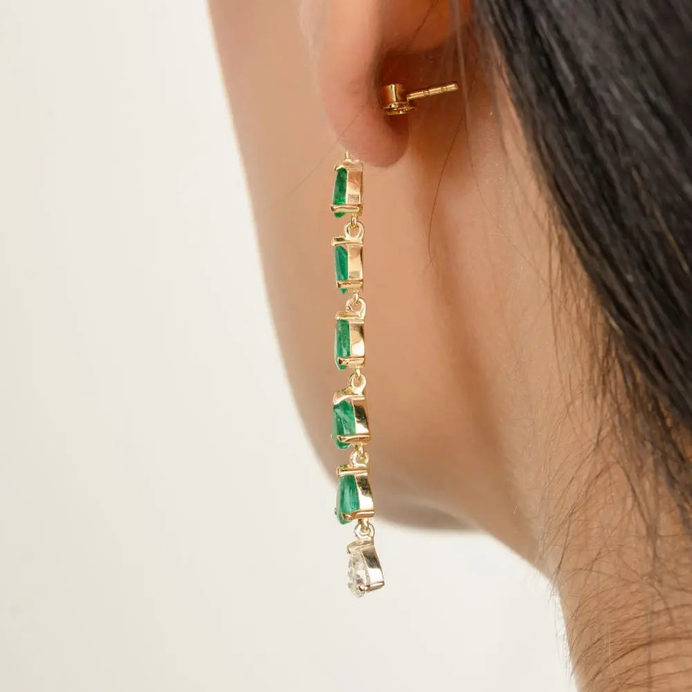 Classic Design Natural Pear Cut Emerald & Diamond Dangle Earrings