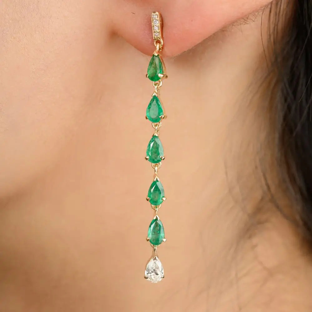 Classic Design Natural Pear Cut Emerald & Diamond Dangle Earrings