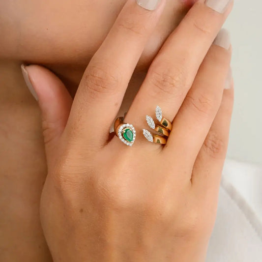 Newly Designed 14k Yellow Gold Natural Emerald & Diamond Open Wrap Ring