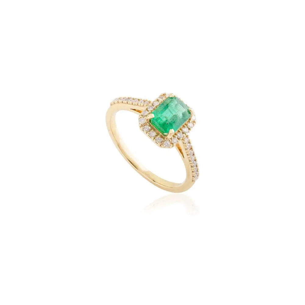 18k Solid Yellow Gold High Quality 100% Natural Emerald & Diamond Ring