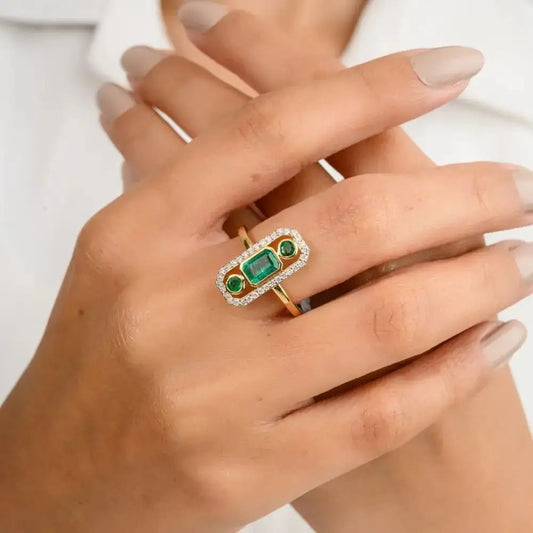 Classic Designed 100% Natural Emerald & Diamond Three Stone Ring