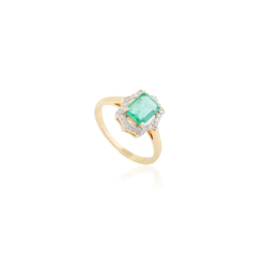 Art Deco 100% Natural Emerald & Diamond Halo Ring in 18k Yellow Gold