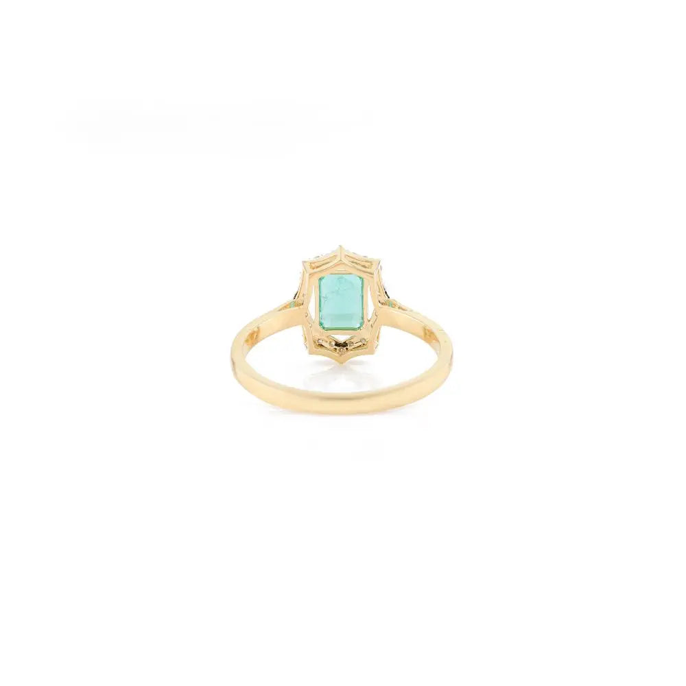 Art Deco 100% Natural Emerald & Diamond Halo Ring in 18k Yellow Gold