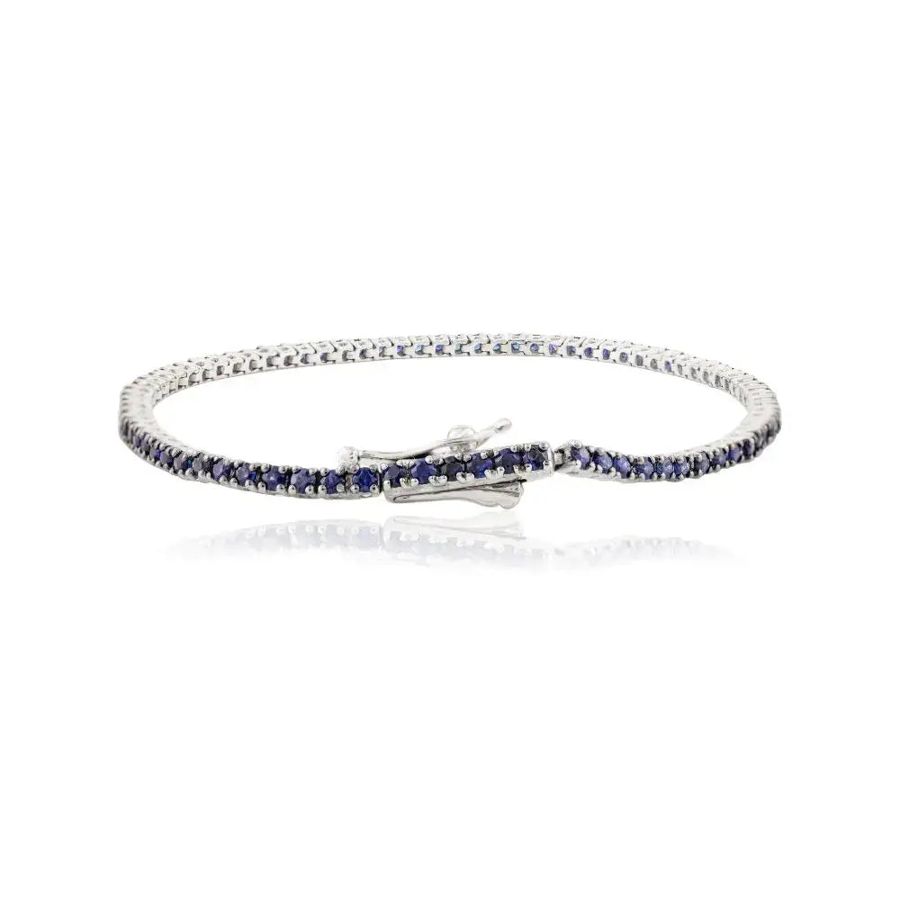 100% Natural Round Cut Blue Sapphire Sleek Bracelet in 18k Solid White Gold