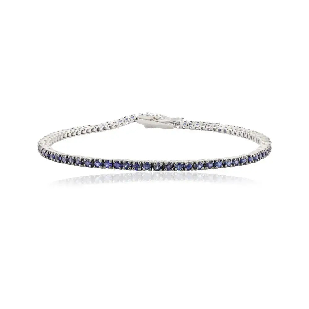 100% Natural Round Cut Blue Sapphire Sleek Bracelet in 18k Solid White Gold