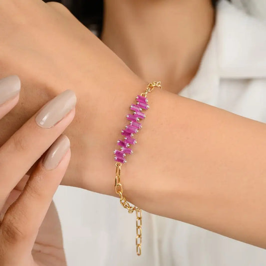High Quality Natural Baguette Cut Ruby Charm Bracelet in 18k Solid Yellow Gold