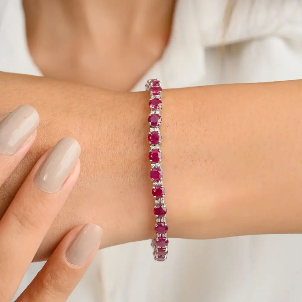 Fine Jewelry Tennis Bracelet in Natural Round Cut Ruby & Diamond With 14k White Gold